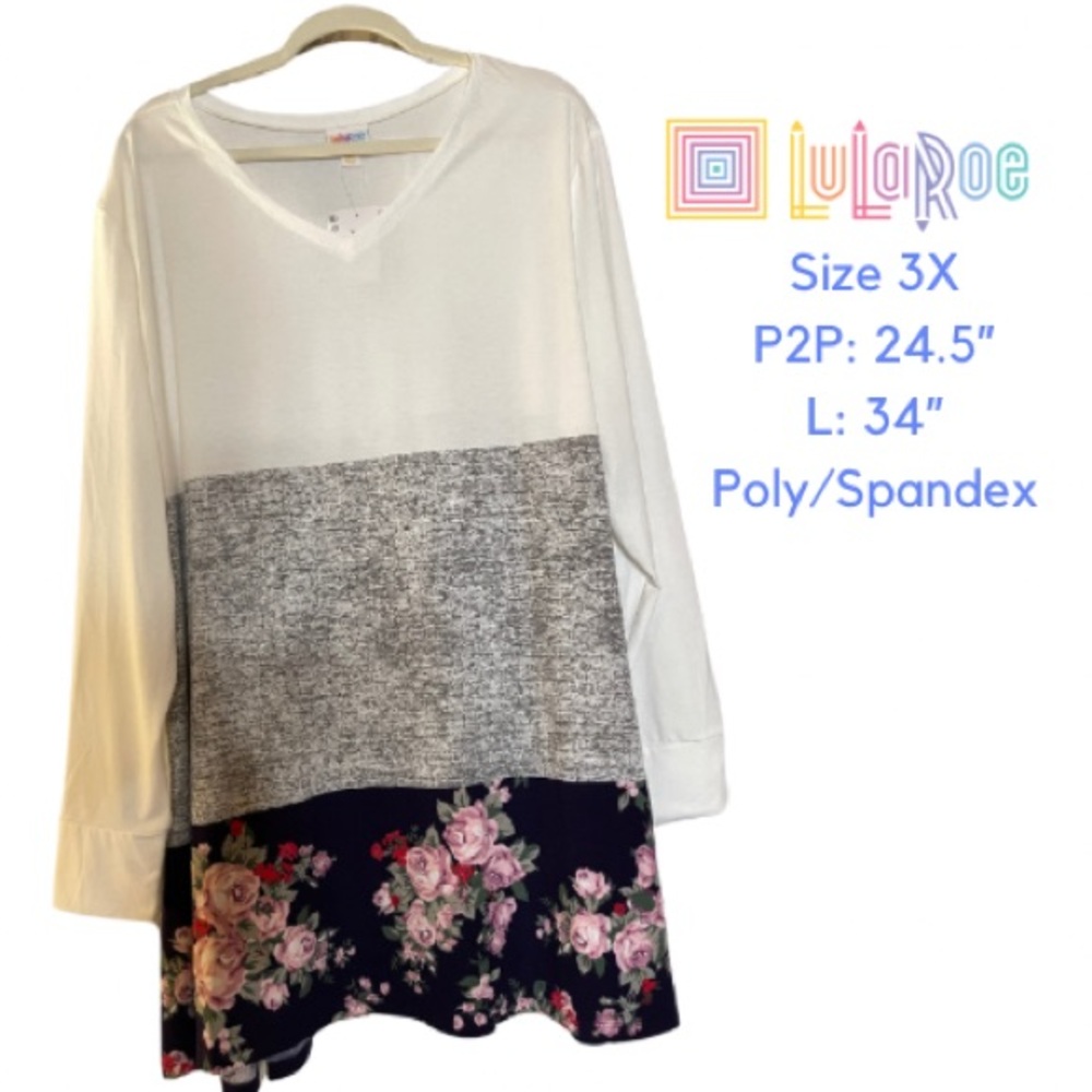 LuLaRoe Colorblock Floral V-Neck Tunic - White, Gray, Navy with Pink Floral